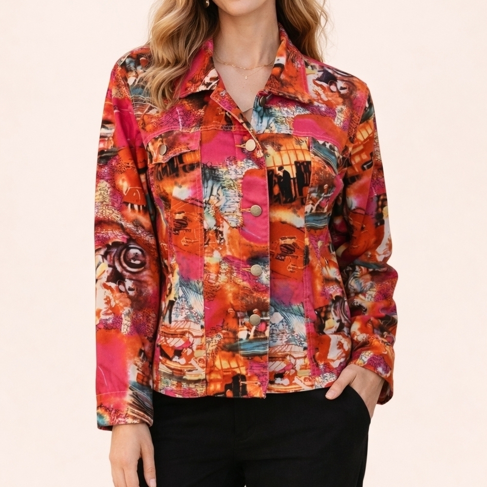 Vtg STONEBRIDGE Hot Pink Pop Art Novelty Map Jacket Size Large